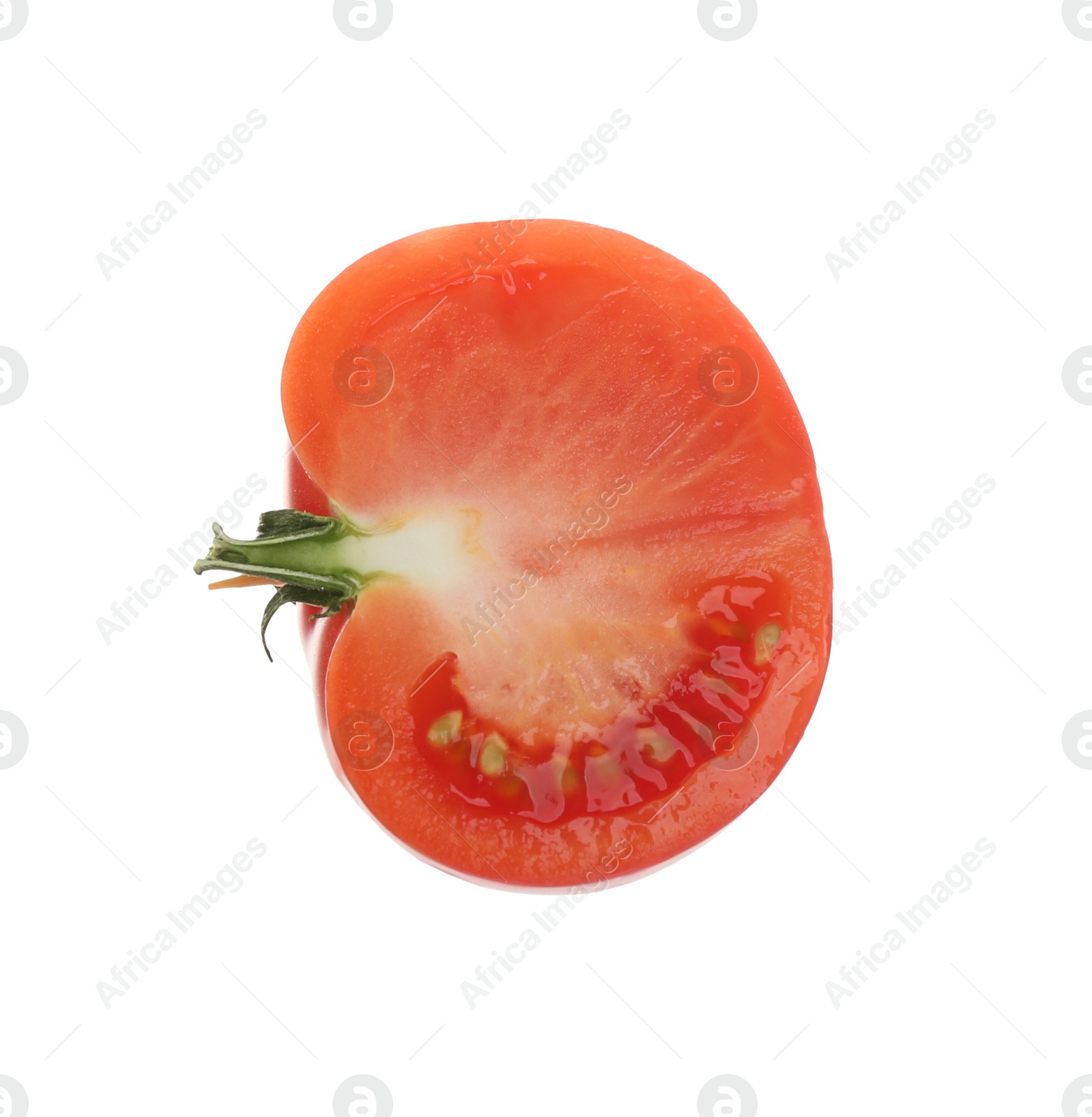 Photo of Half of fresh tomato isolated on white, top view