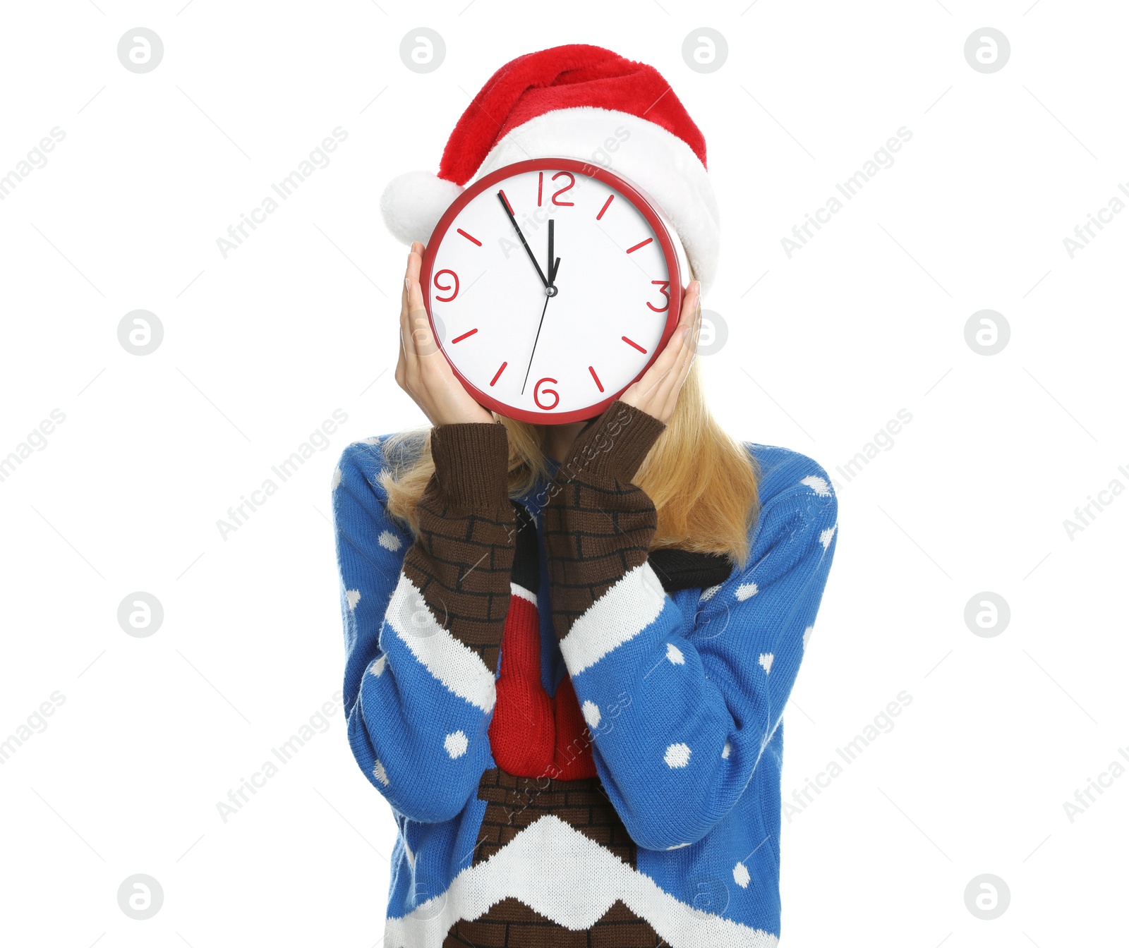 Photo of Woman in Santa hat with clock on white background. New Year countdown