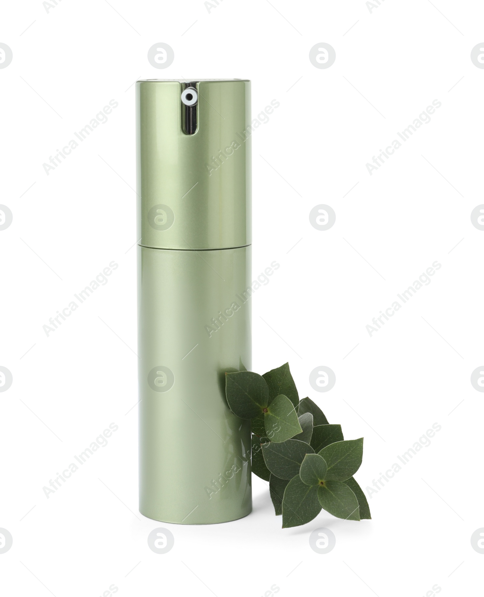 Photo of Bottle of cosmetic product and green leaves isolated on white