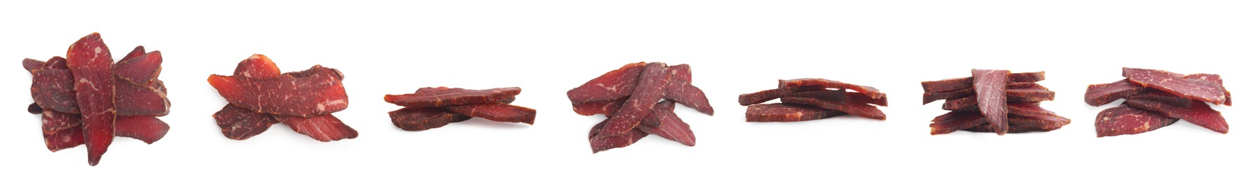 Image of Set with delicious beef jerky on white background, banner design