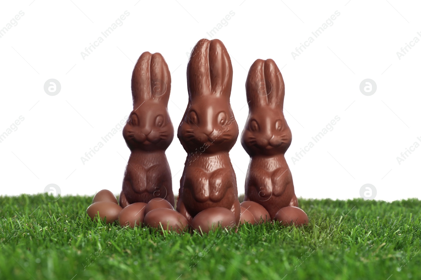 Photo of Chocolate bunnies and eggs on green grass against white background. Easter celebration