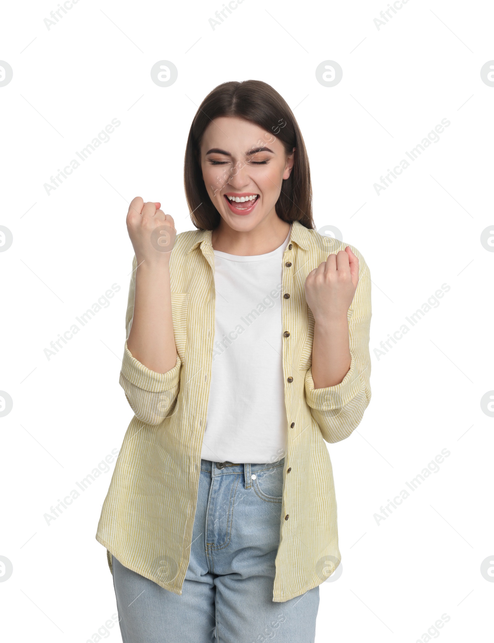 Photo of Portrait of excited young woman on white background