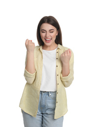 Photo of Portrait of excited young woman on white background