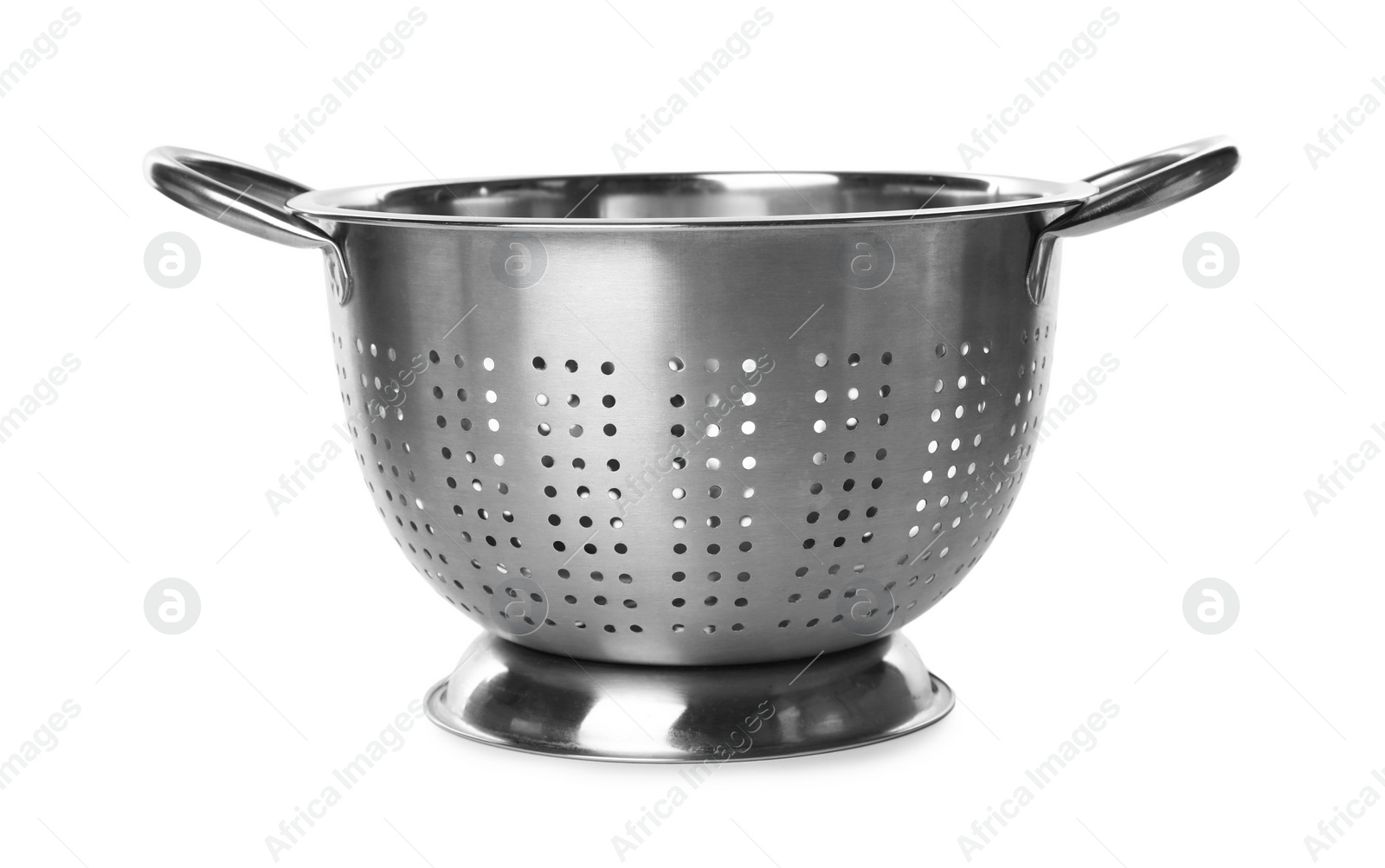 Photo of One metal colander isolated on white. Cooking utensil