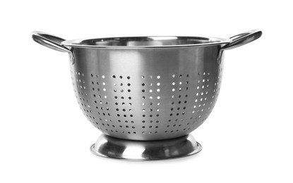 Photo of One metal colander isolated on white. Cooking utensil