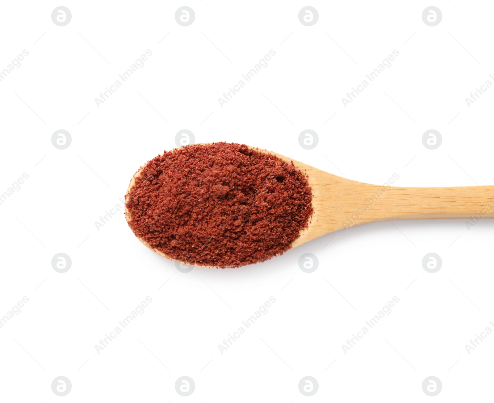 Photo of Dried cranberry powder in spoon isolated on white, top view