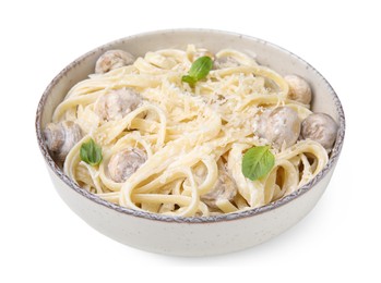 Photo of Delicious pasta with mushrooms and cheese on white background