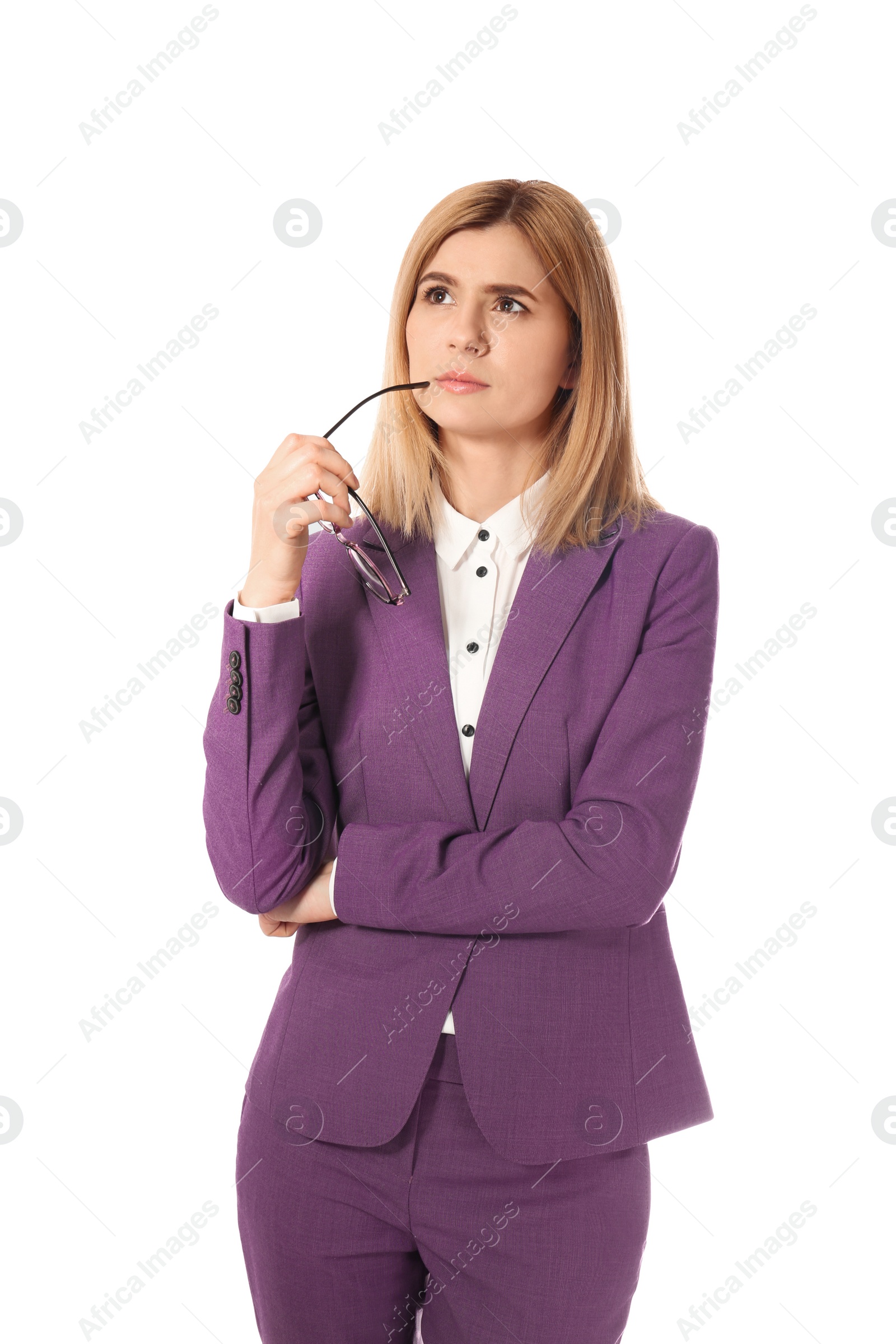 Photo of Portrait of pensive businesswoman on white background