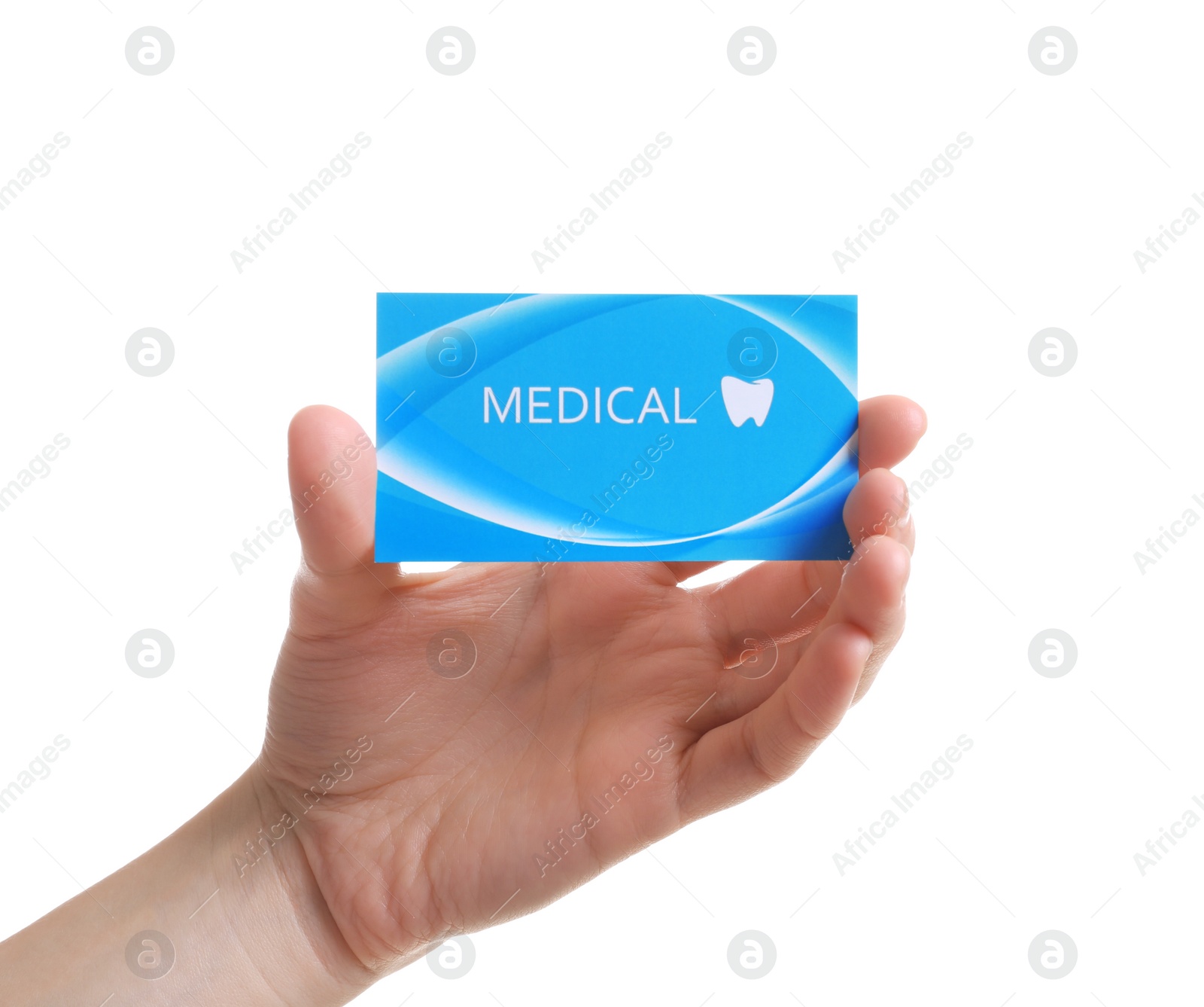 Photo of Woman holding business card isolated on white, closeup. Dental medical service