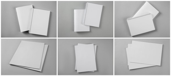  Open blank brochures on grey background, collage. Banner design