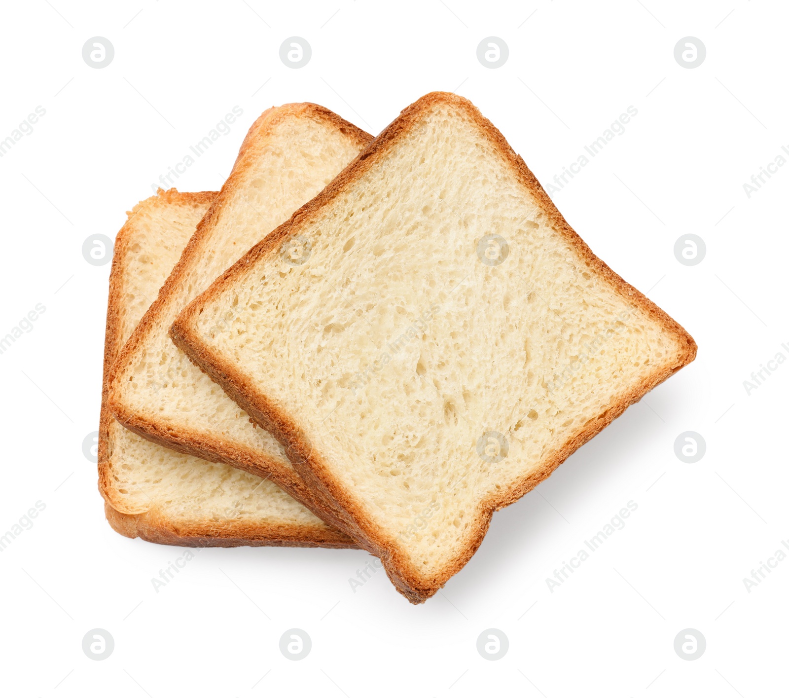 Photo of Pieces of fresh toast bread isolated on white, top view