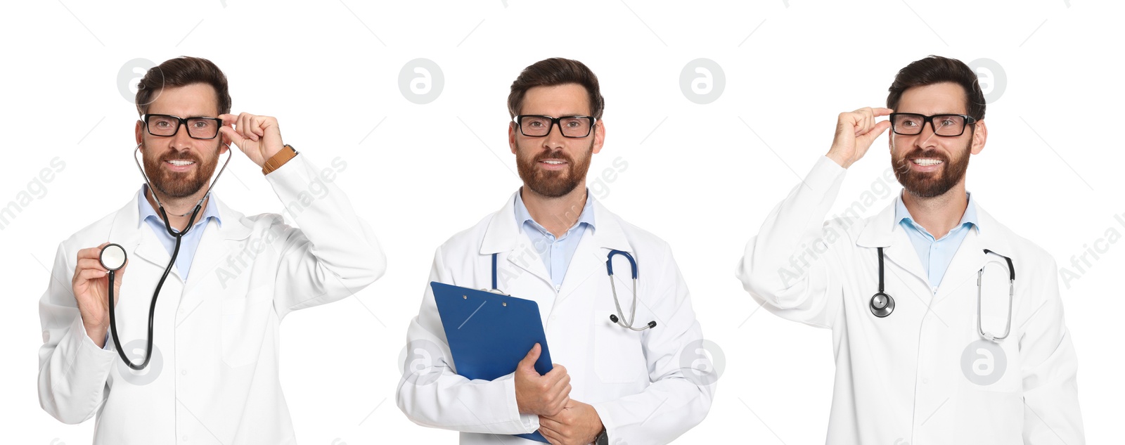 Image of Collage with photos of doctor on white background. Banner design