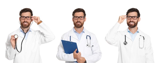 Image of Collage with photos of doctor on white background. Banner design