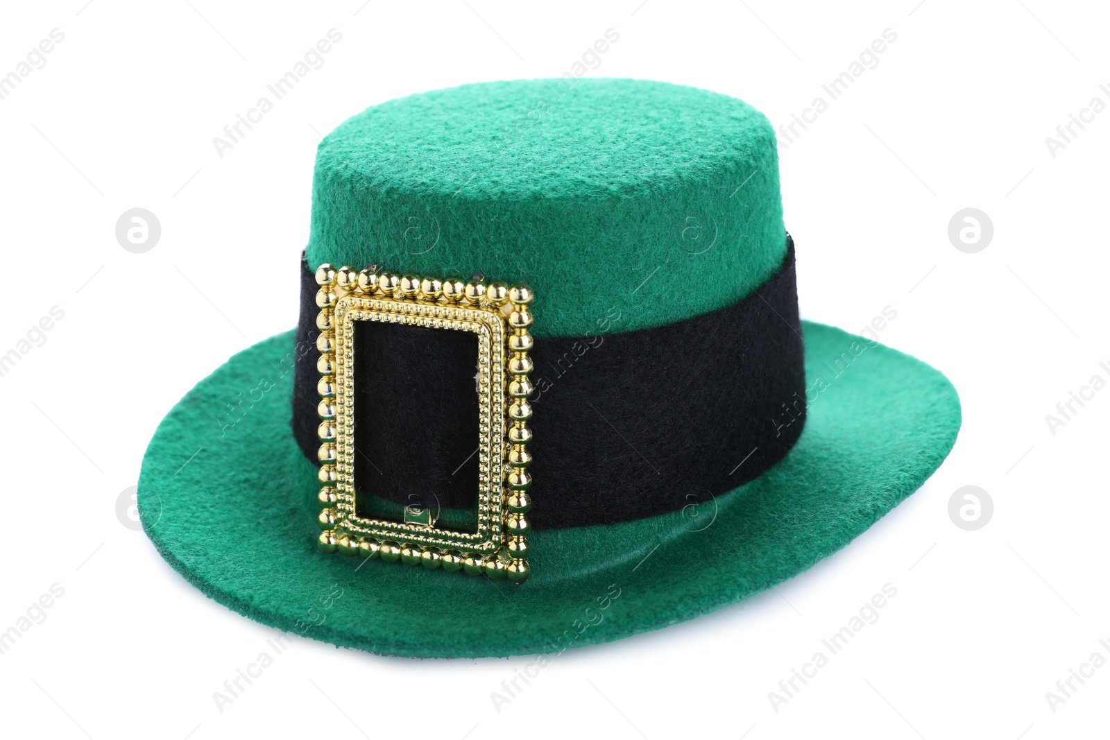 Photo of Green leprechaun hat isolated on white. St. Patrick's Day celebration