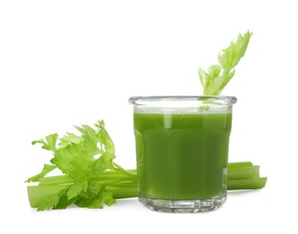 Glass of celery juice and fresh vegetable on white background