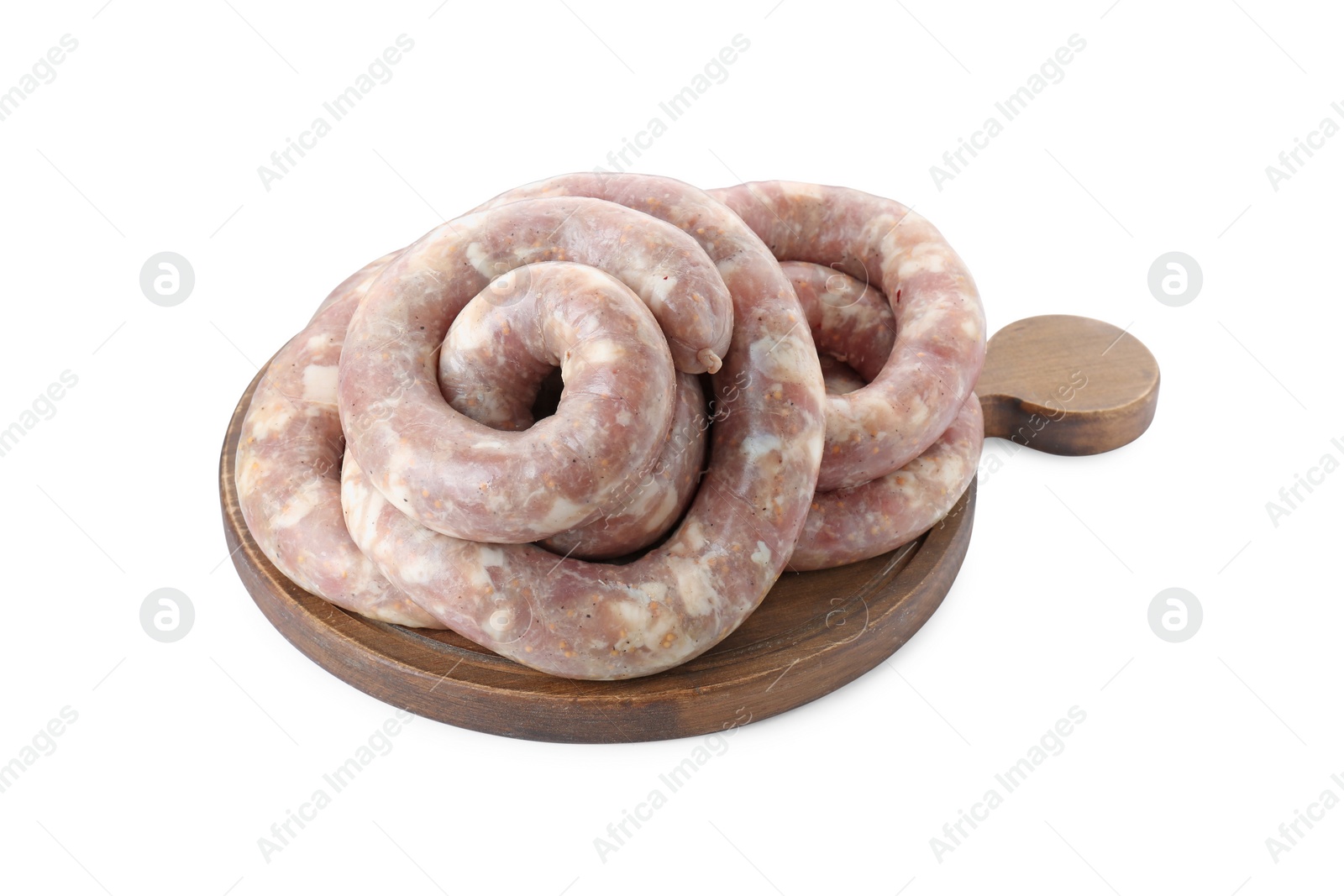 Photo of Board with homemade sausages isolated on white