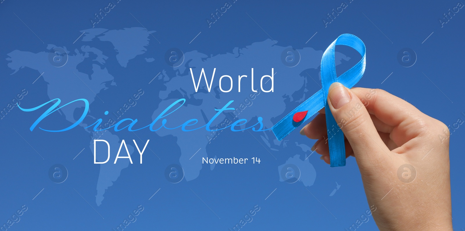 Image of World Diabetes Day, banner design. Woman holding light blue ribbon with paper blood drop, closeup. Illustration of world map on color background