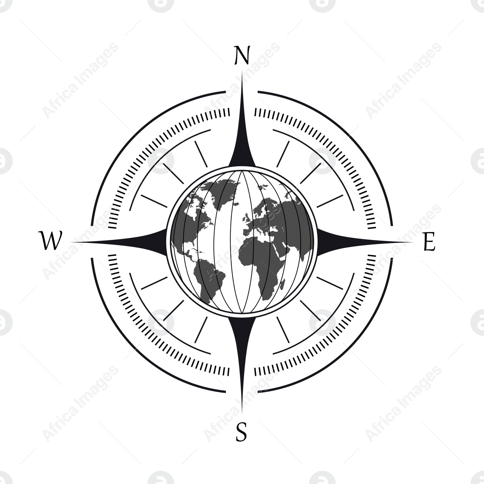 Illustration of Compass rose with four cardinal directions - North, East, South, West on white background. Illustration