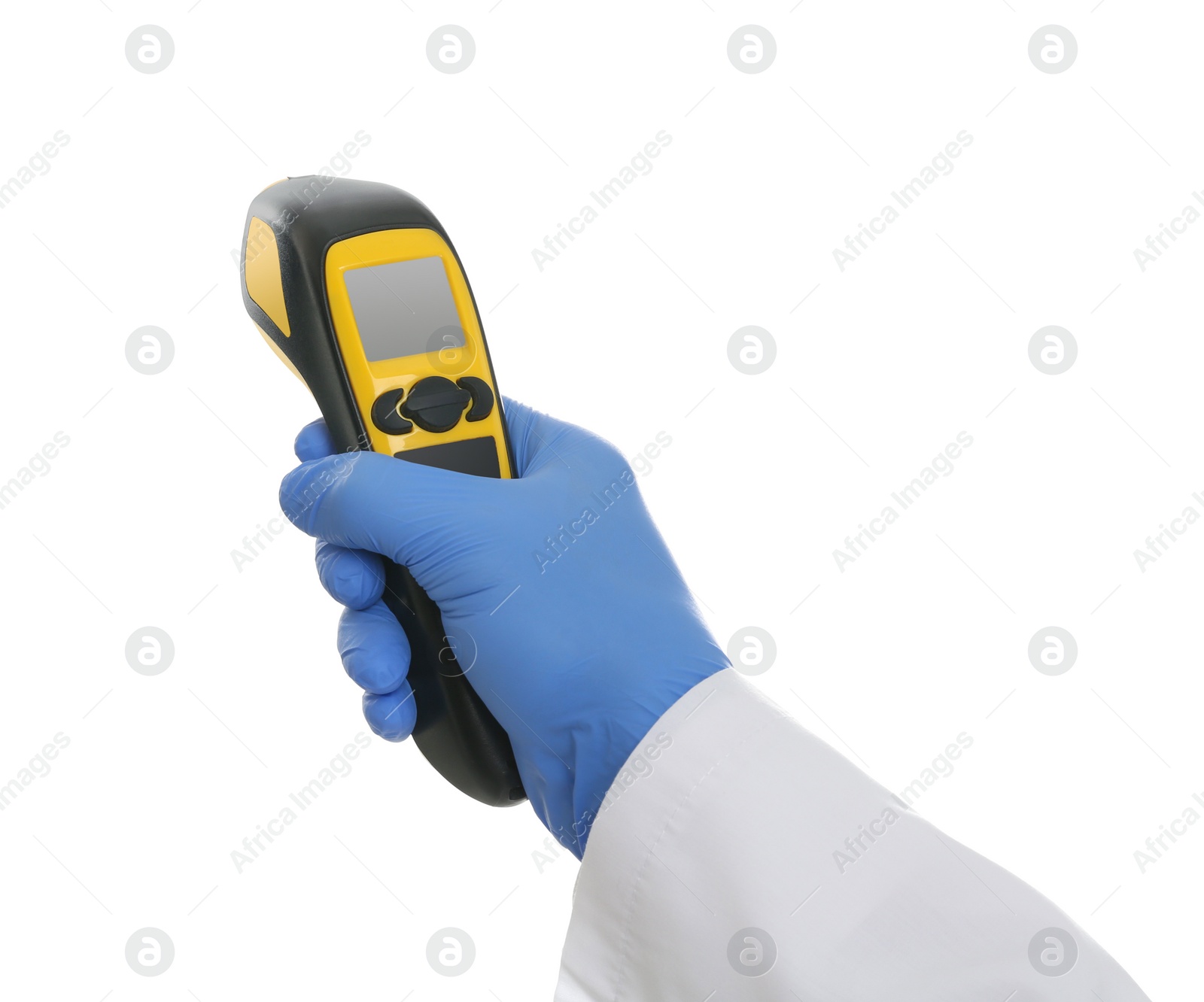 Photo of Doctor in latex gloves holding non contact infrared thermometer on white background, closeup. Measuring temperature