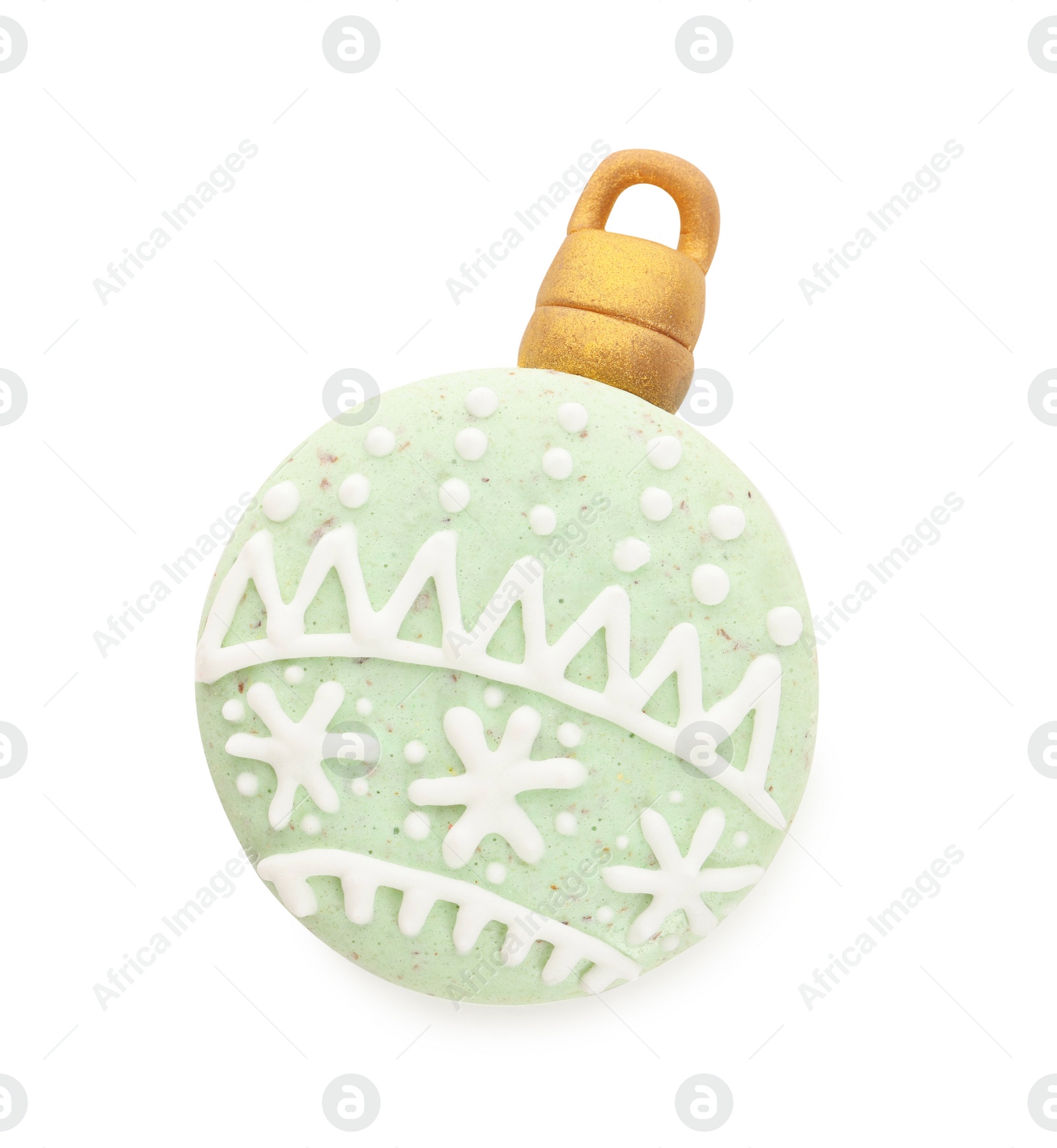 Photo of Beautifully decorated Christmas macaron isolated on white, top view