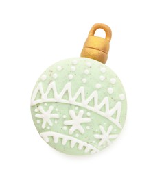 Beautifully decorated Christmas macaron isolated on white, top view