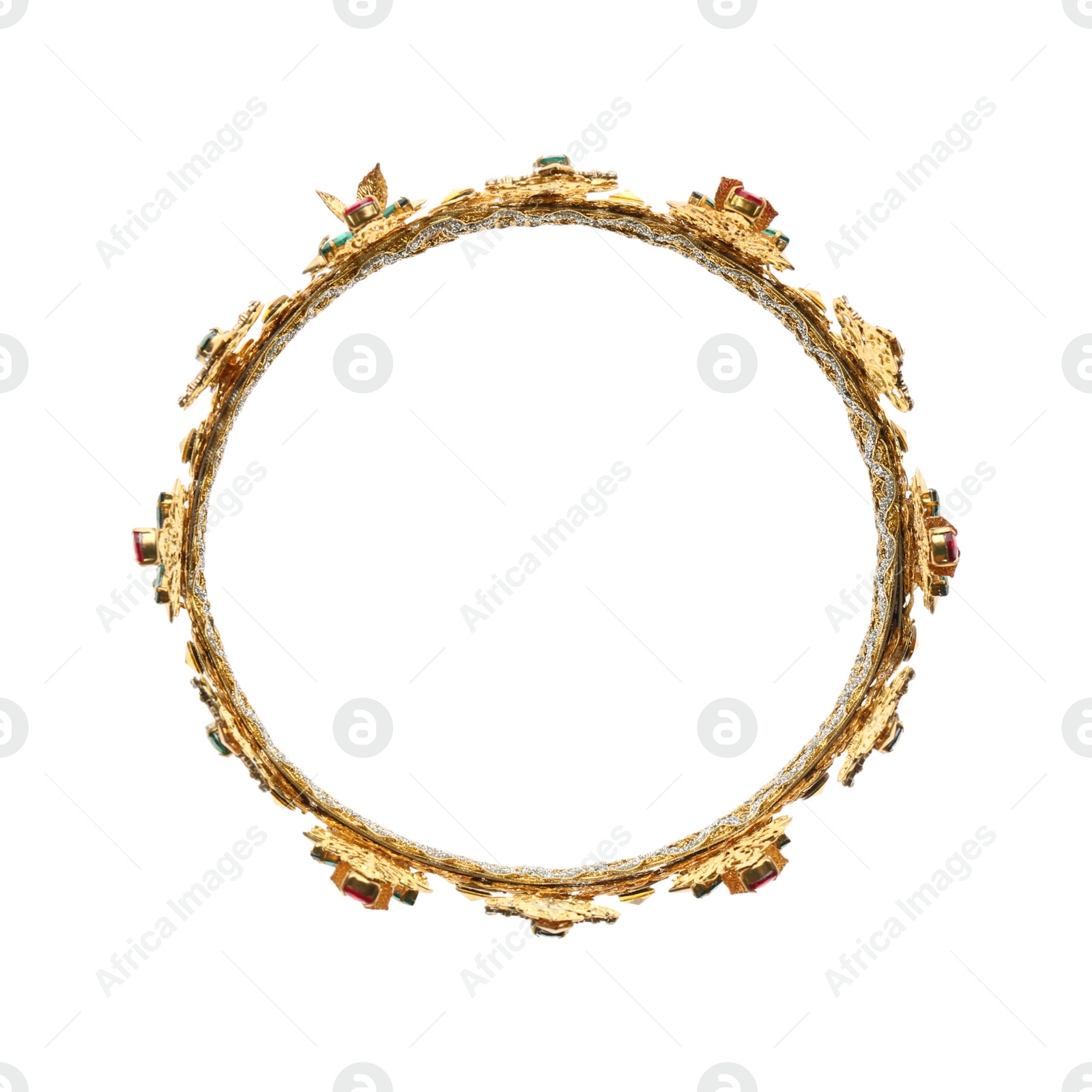 Photo of Beautiful golden crown on white background, top view. Fantasy item