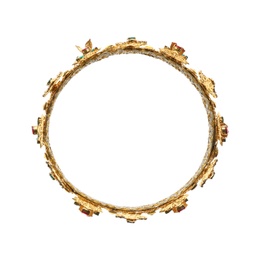 Photo of Beautiful golden crown on white background, top view. Fantasy item