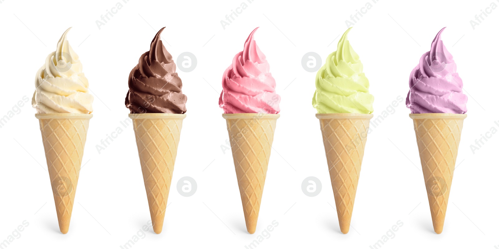 Image of Set of different delicious soft serve ice creams in crispy cones on white background