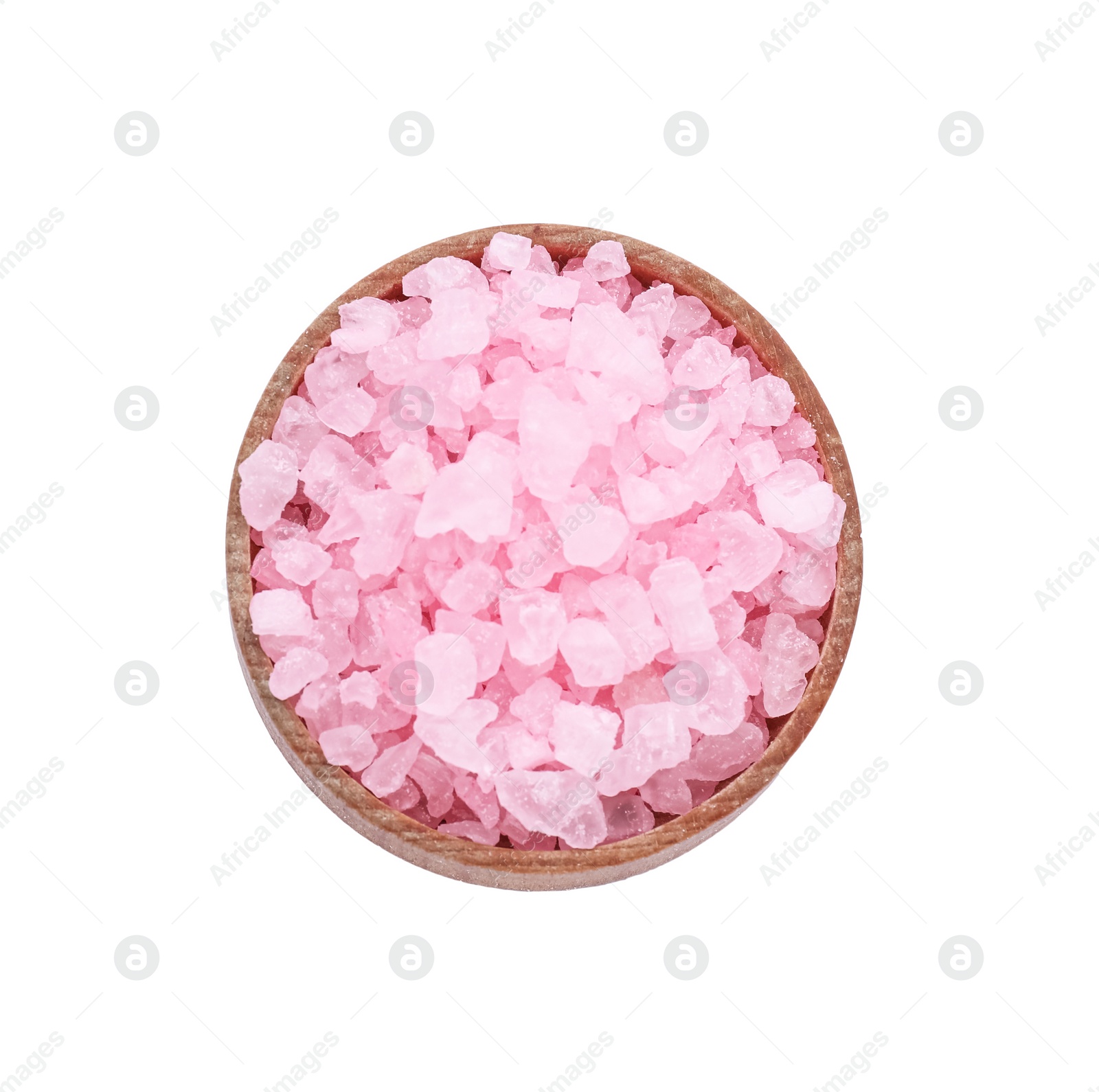 Photo of Wooden bowl with pink sea salt isolated on white, top view