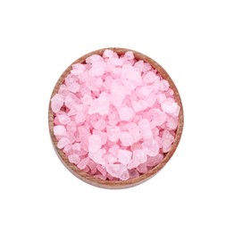 Photo of Wooden bowl with pink sea salt isolated on white, top view