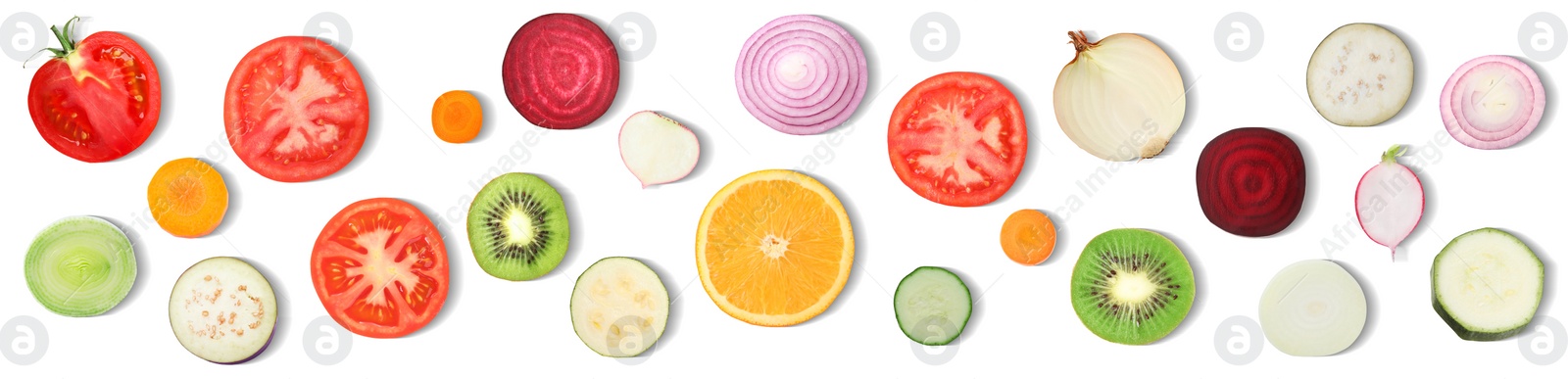 Image of Collage with many pieces of vegetables and fruits on white background, top view