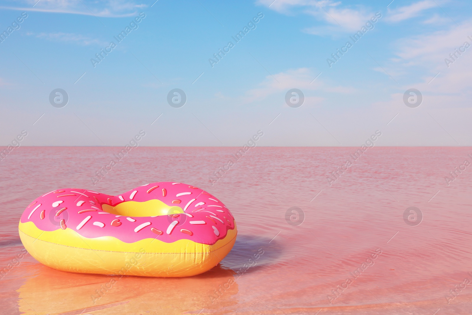 Photo of Bright inflatable ring floating in pink lake on summer day