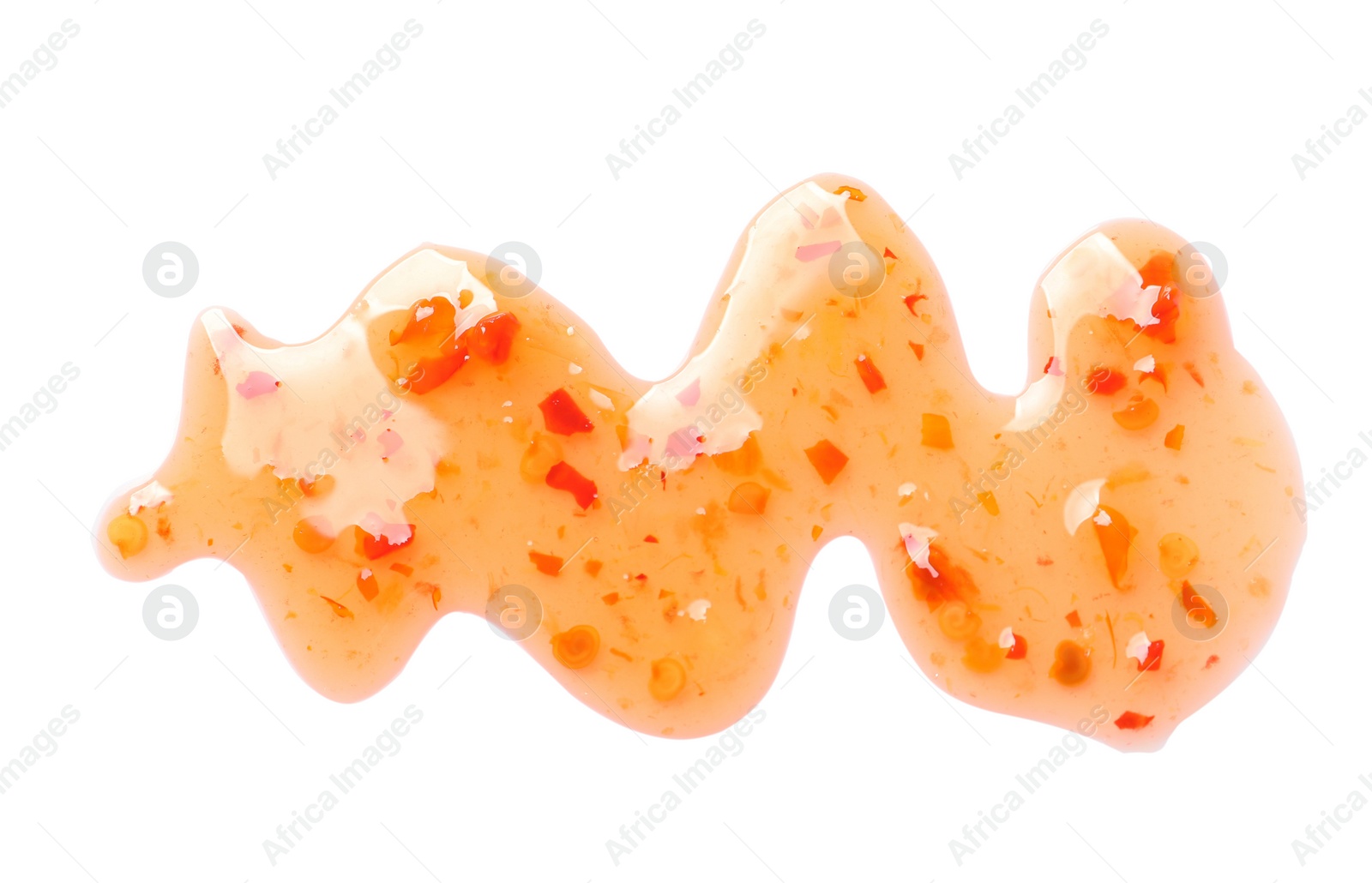 Photo of Delicious sweet chili sauce on white background, top view