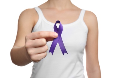 Photo of Woman holding purple ribbon on white background, closeup. Domestic violence awareness