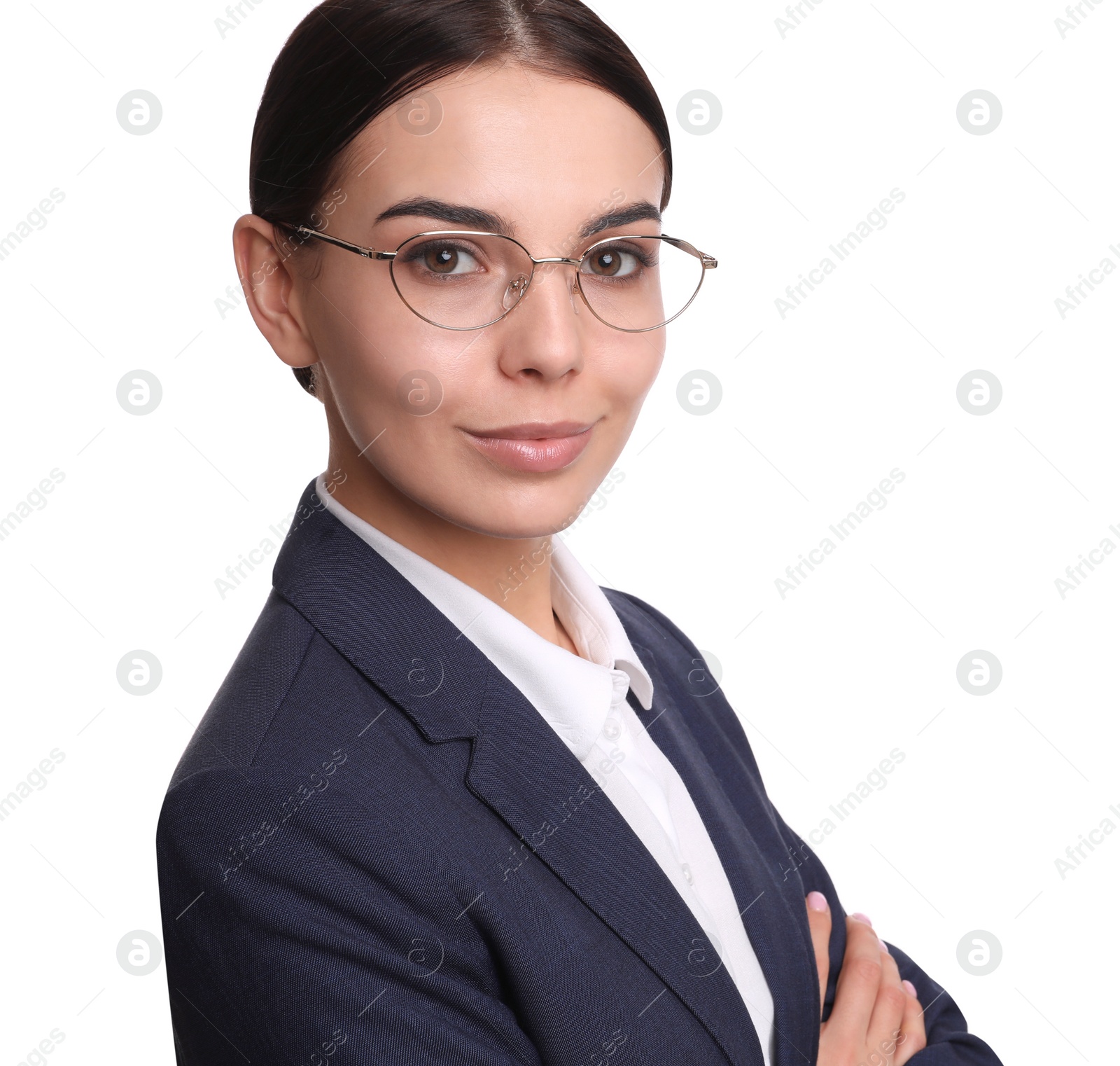 Photo of Portrait of young businesswoman on white background