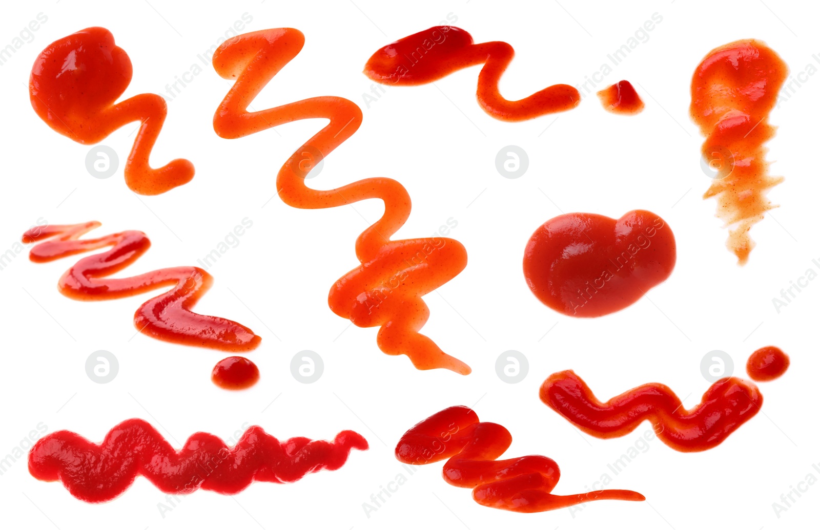 Image of Set of tasty tomato sauce on white background