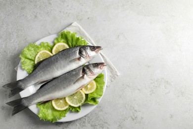 Tasty sea bass fish on grey textured table, top view. Space for text