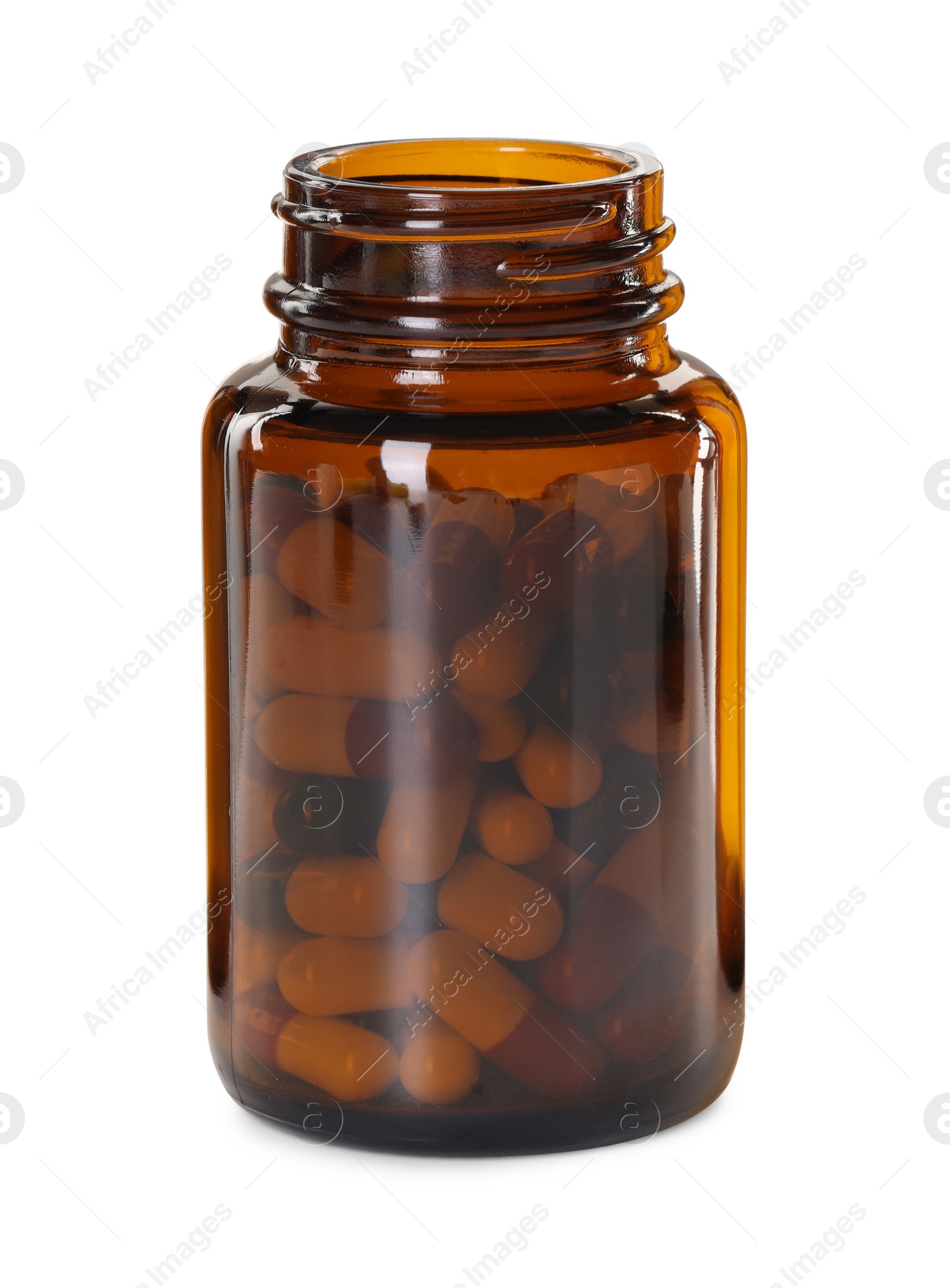 Photo of Antibiotic pills in bottle isolated on white