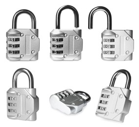Image of Steel combination padlocks on white background, collage