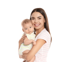 Portrait of happy mother with her baby isolated on white