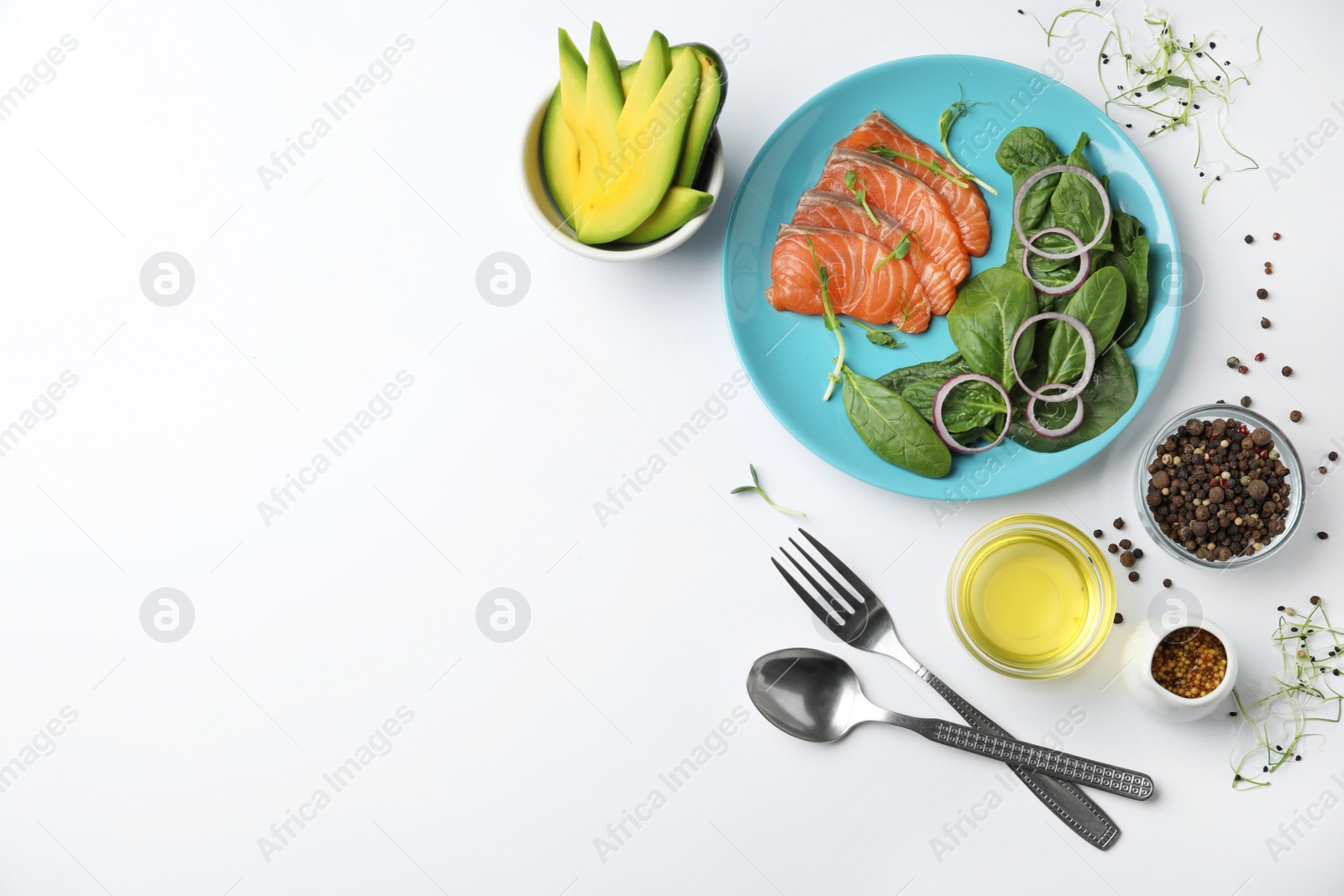 Photo of Delicious salmon with spinach and onion on white background, flat lay. Space for text