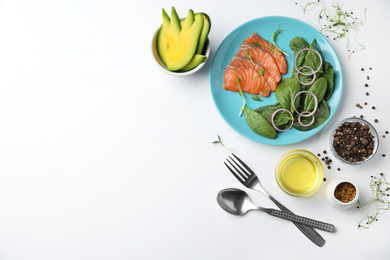 Photo of Delicious salmon with spinach and onion on white background, flat lay. Space for text