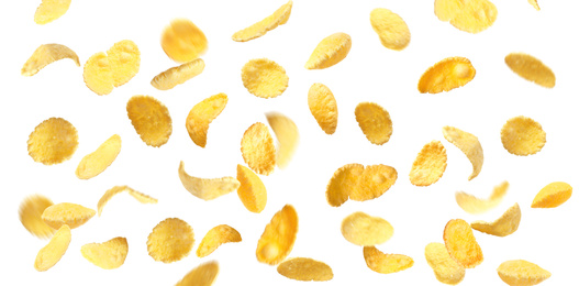 Image of Set of tasty crispy corn flakes on white background