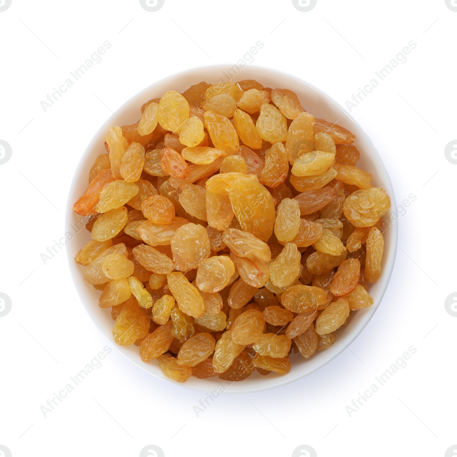 Photo of Bowl with dried golden raisins isolated on white, top view. Healthy nutrition with fruits