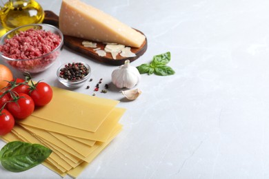 Fresh ingredients for lasagna on light grey marble table. Space for text