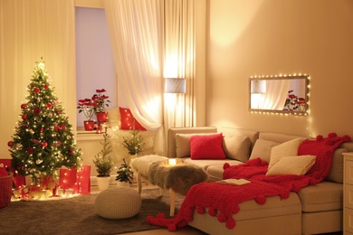 Photo of Living room with Christmas decorations. Festive interior design