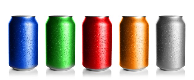 Image of Set with different colorful aluminium cans of beverage on white background. Banner design