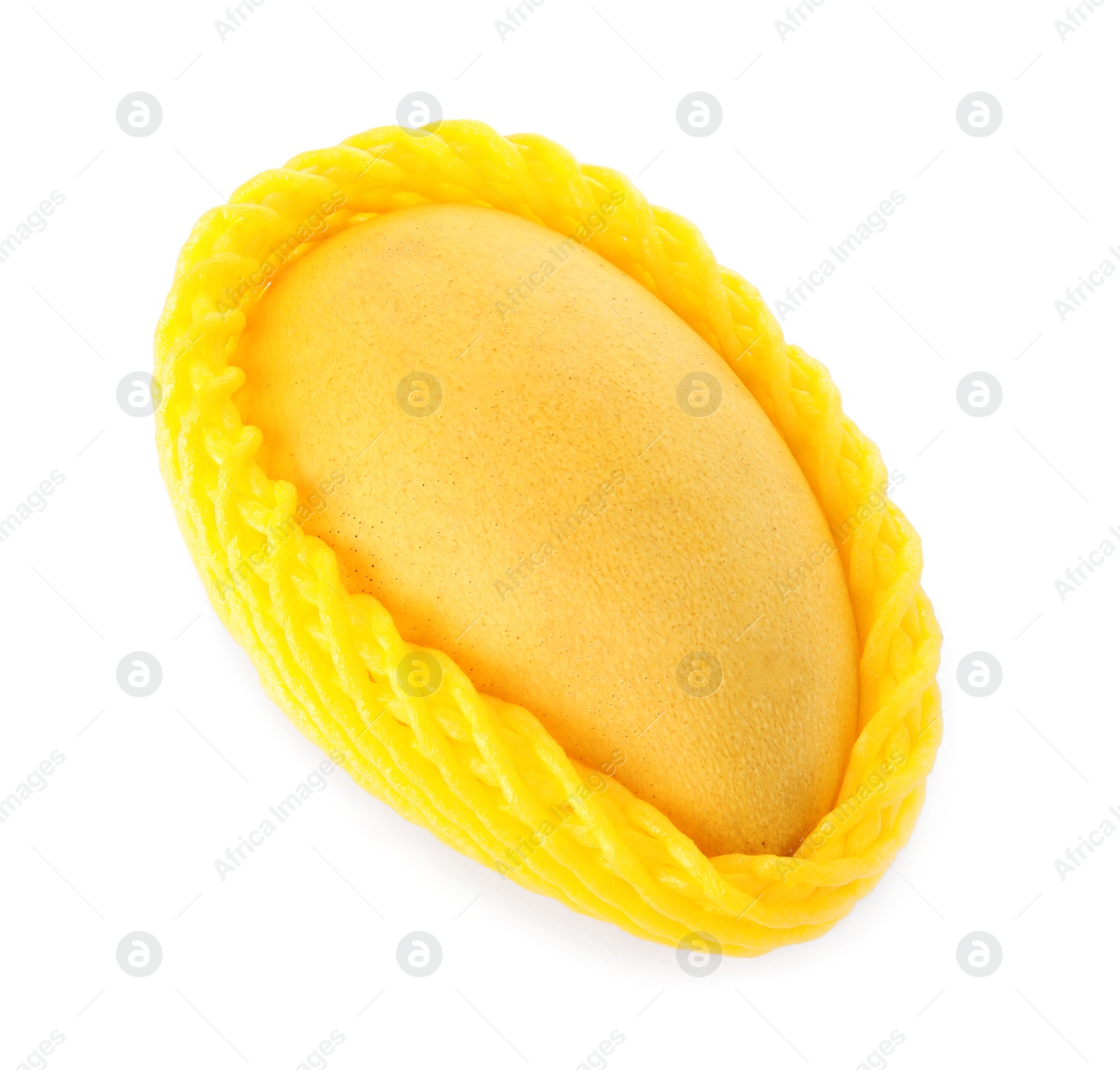 Photo of Fresh ripe juicy mango in package isolated on white