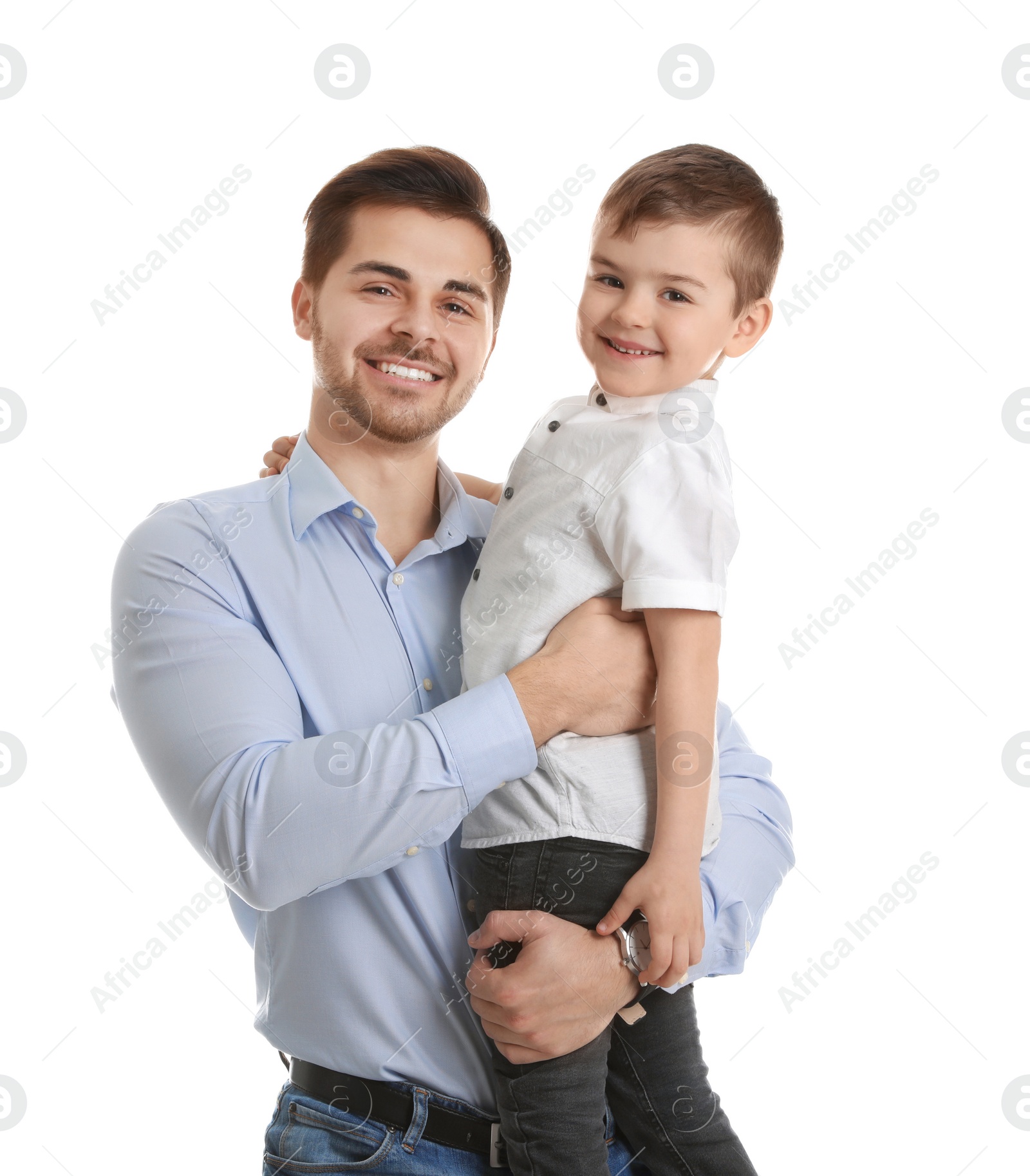Photo of Portrait of dad and his son isolated on white