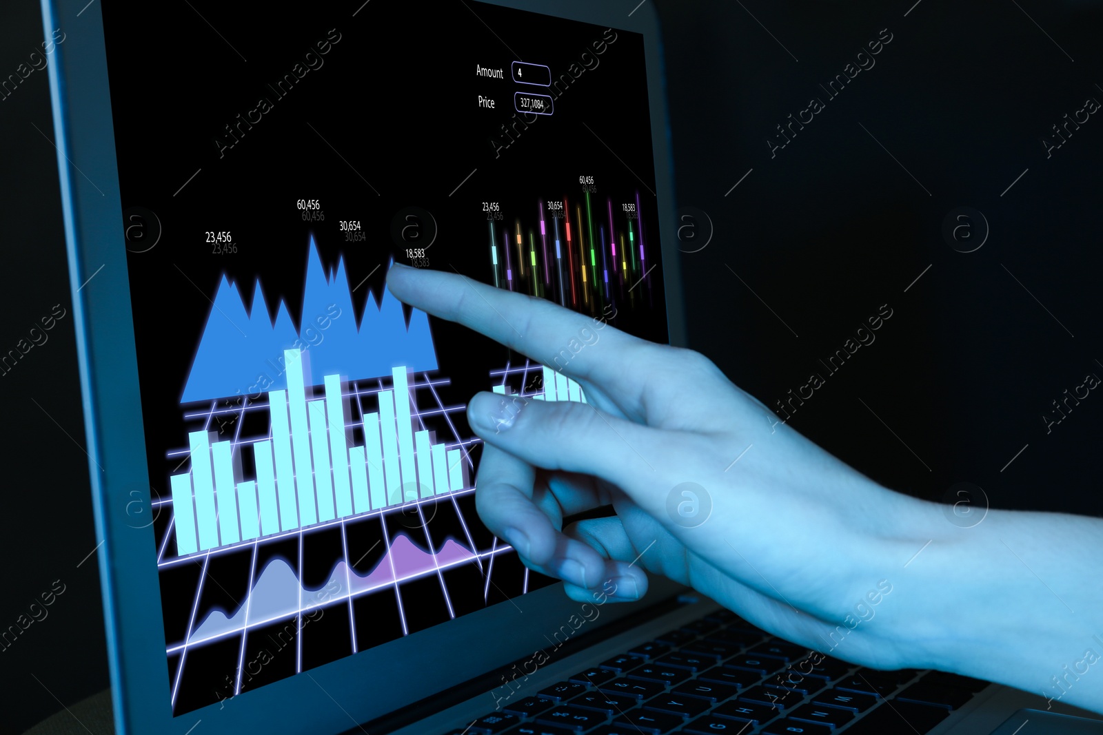 Image of Woman using laptop on dark background, closeup. Business analytics